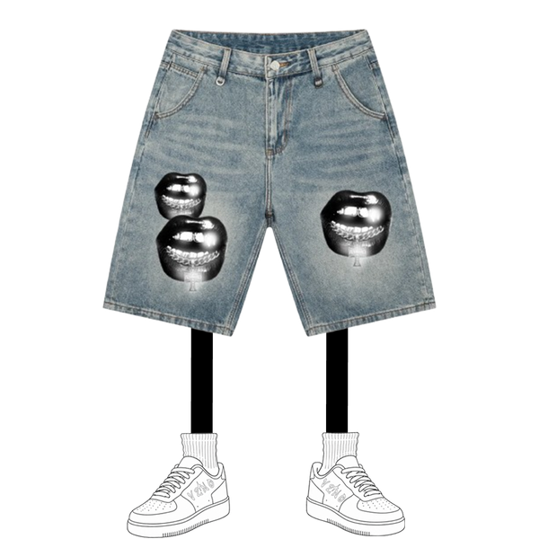 Crossbite Kiss Graphic Vintage Wash Denim Shorts