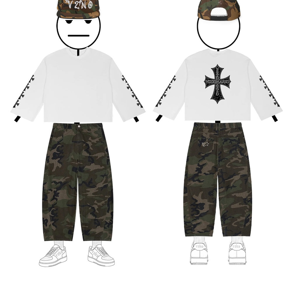 Iron Cross–style graphic Waffle Raw Edge Thermal & VSTARR Camo Barrel Leg Cargo Pants