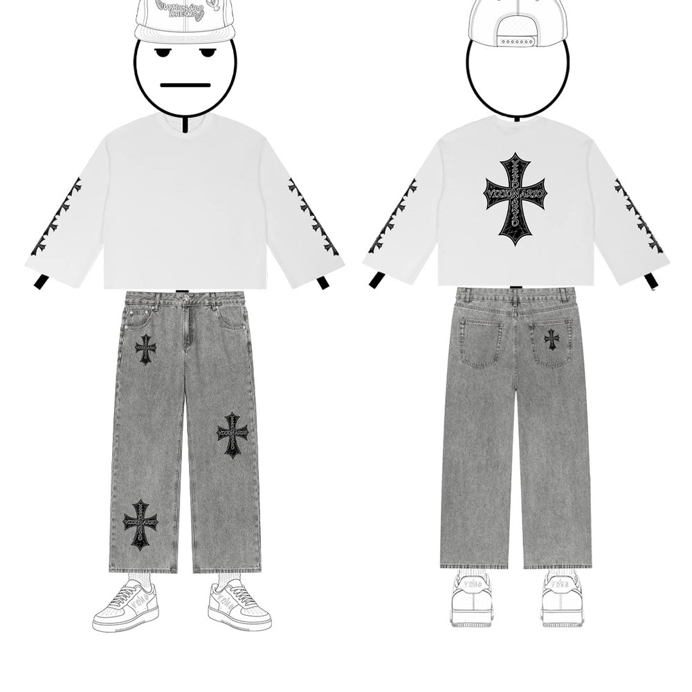 Iron Cross–style graphic Waffle Raw Edge Thermal & Iron Cross–style Straight Leg Jeans