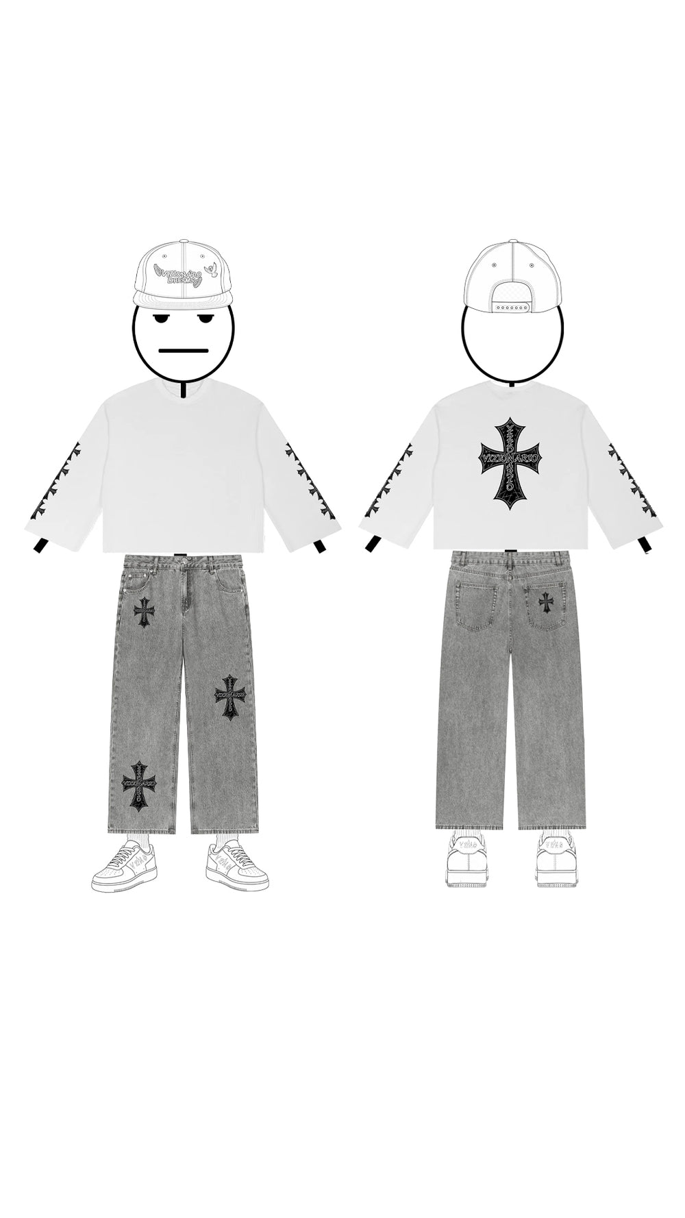 Iron Cross–style graphic Waffle Raw Edge Thermal & Iron Cross–style Straight Leg Jeans